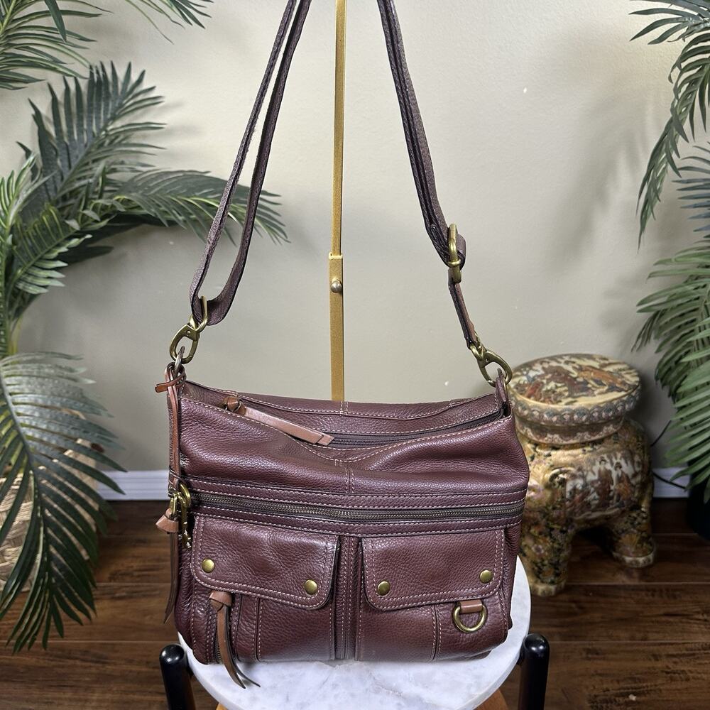Fossil Morgan Traveler Crossbody Shoulder Pebbled Leather Cognac Brown Brass - Picture 3 of 13